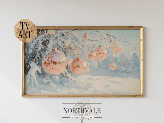 Pastel Pink Christmas Ornaments Snowy Branch Painting Art Print