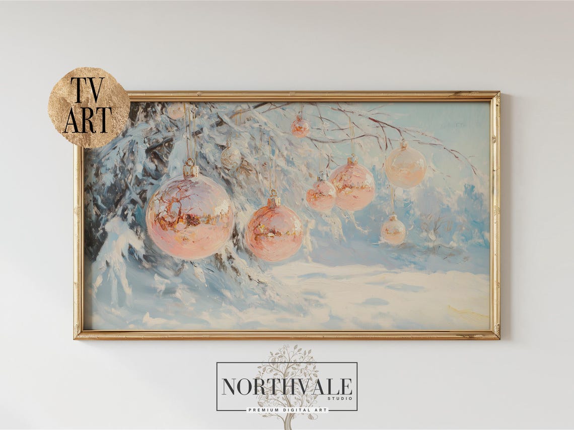 Pastel Pink Christmas Ornaments Snowy Branch Painting Art Print