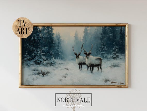 Winter Reindeer Painting Frame Tv Art Snowy Forest Scene For Rustic Christmas Decor Landscape 111