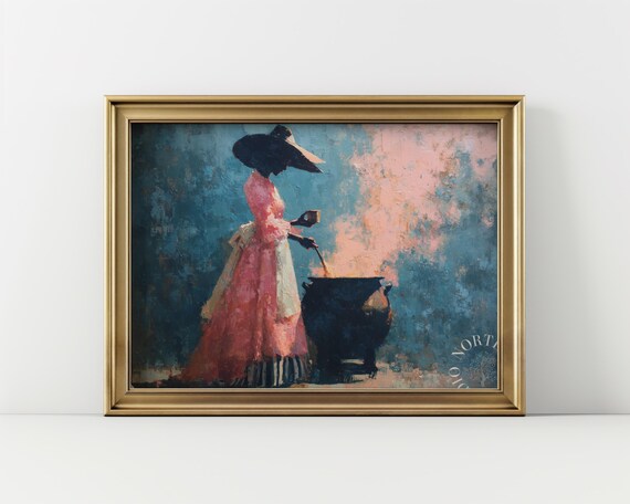 Vintage Witch In Pastel Pink Enchanting Halloween Wall Art Oversize Hat Rustic Witchy Decor Oil Painting Artwork 147