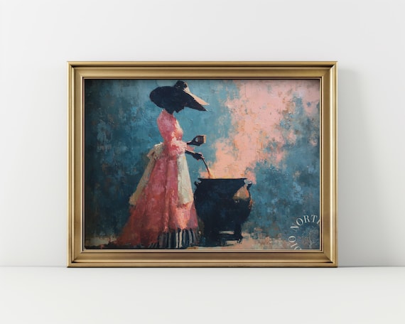 Witch In Pink Gown Stirring Cauldron Vintage Pastel Halloween Wall Art