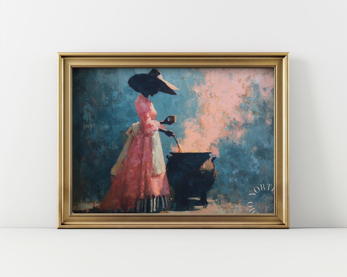 Witch In Pink Gown Stirring Cauldron Vintage Pastel Halloween Wall Art