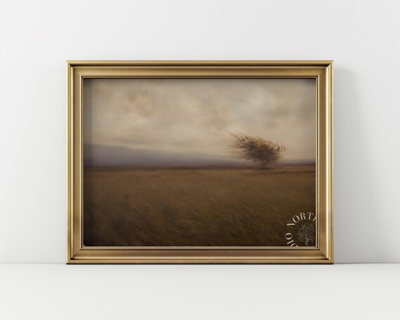 Windswept Field Lone Tree Moody Vintage Landscape Wall Art Rustic Decor