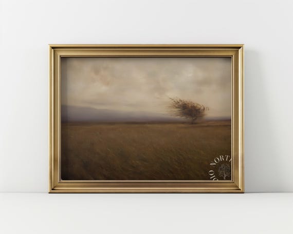 Windswept Grass Field Landscape Print Rustic Lone Tree Nature Art Vintage