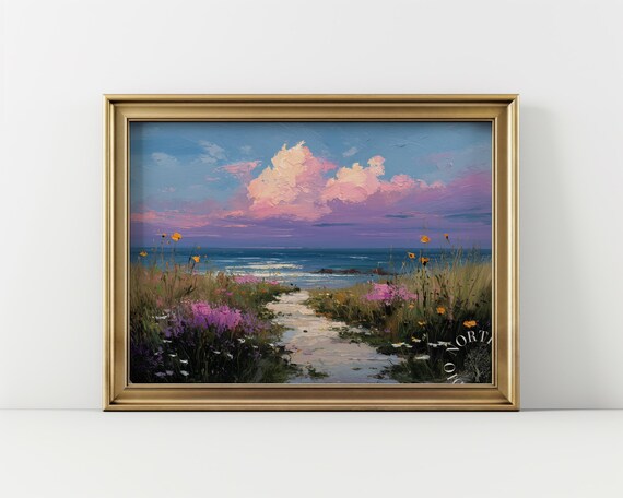 Serene Coastal Path Beach Wildflowers Sunset Ocean Landscape Poster
