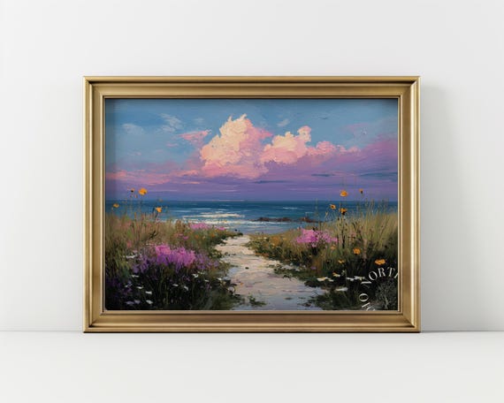Serene Coastal Path Painting Beach Scene Rustic Landscape Art Tranquil Ocean View Summer Wall Decor Print 180