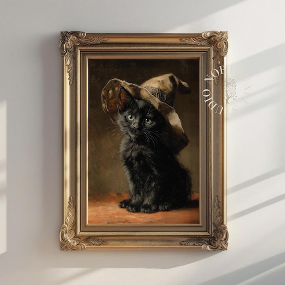 Vintage Black Cat In Witch Hat Halloween Wall Art Rustic Autumn Decor Cute Painting Spooky 128