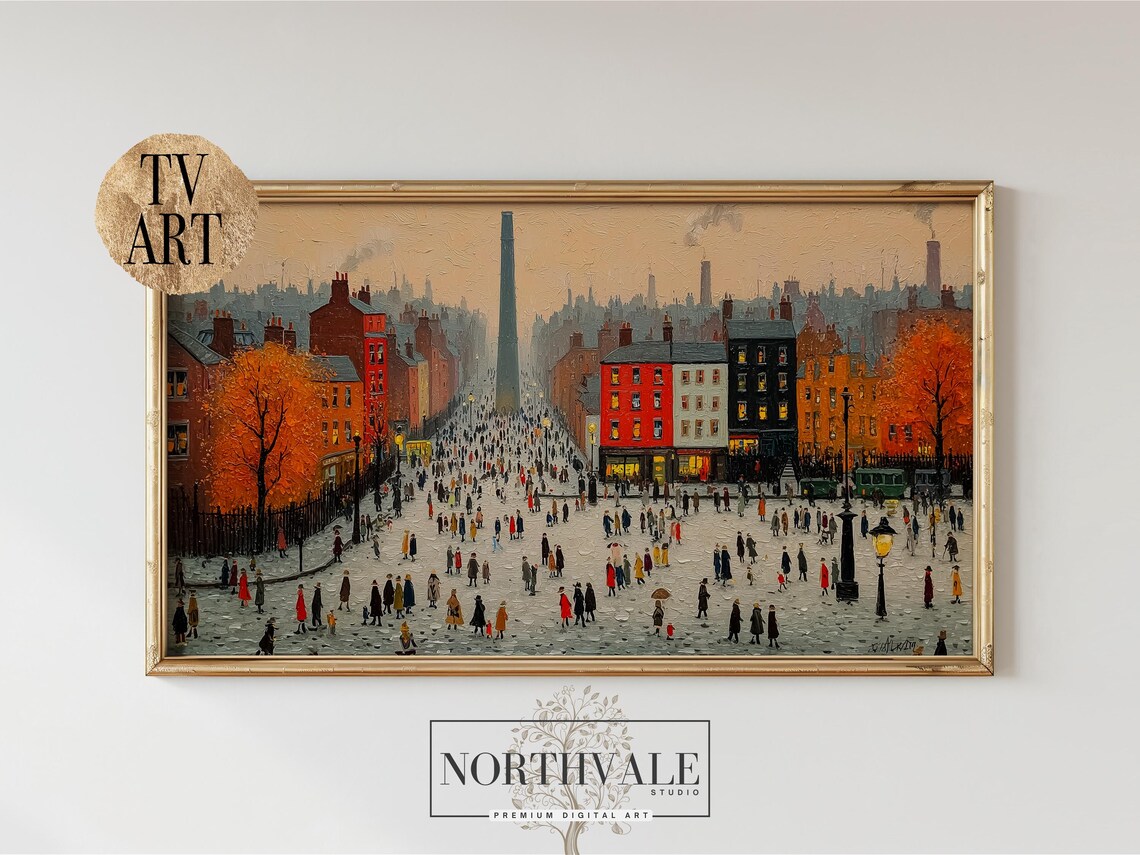 Autumn Town Square Industrial Painting Crowded Street with Chimneys Poster