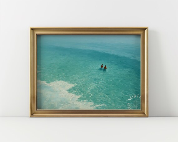 Coastal Swimming Scene Ocean Art Minimalist Beach Wall Decor Tranquil Sea Painting Water Lovers Print Summer Artwork 179