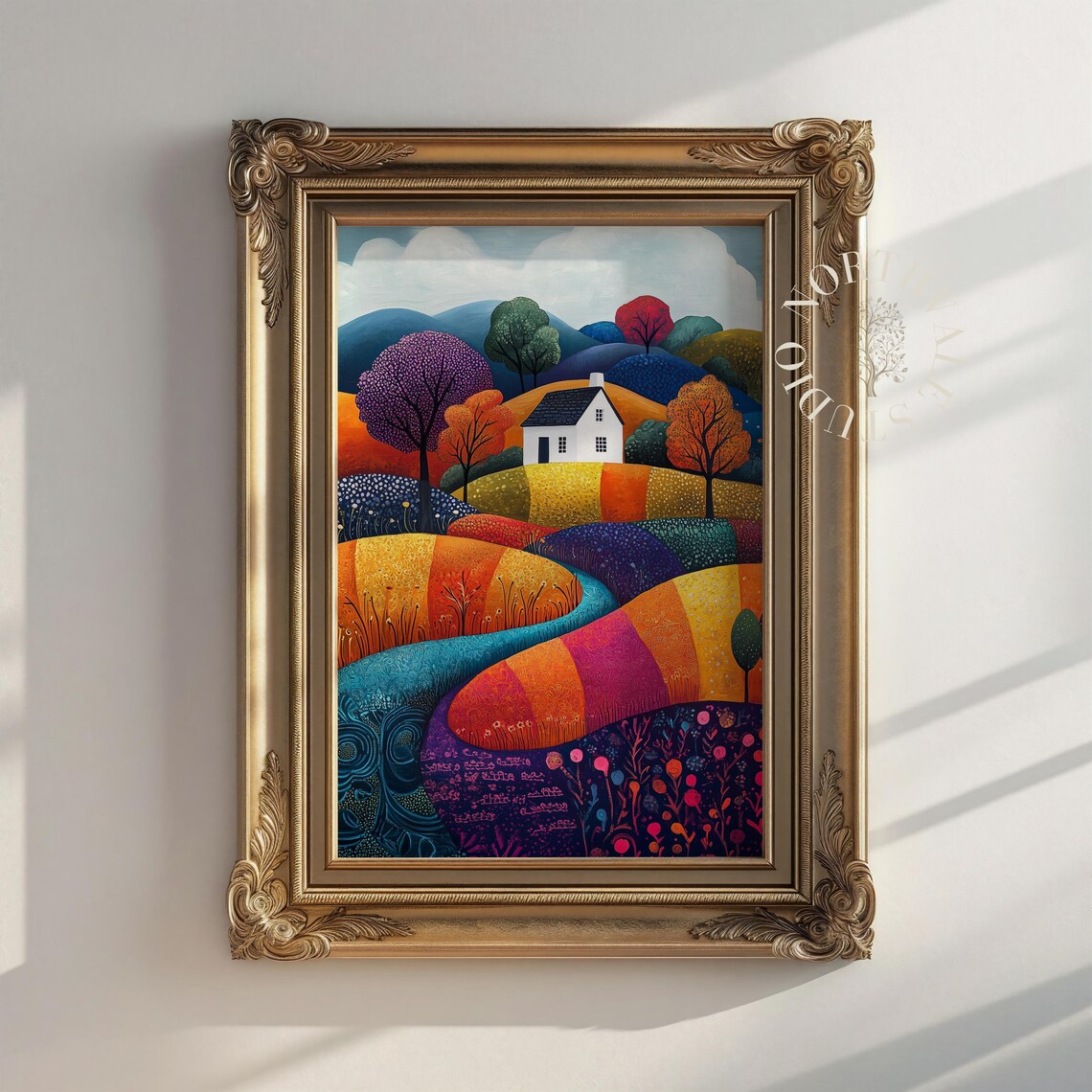 Colourful Landscape Wall Art Patchwork Fields Print Whimsical Autumn Cottage Decor Vibrant Farmhouse 107