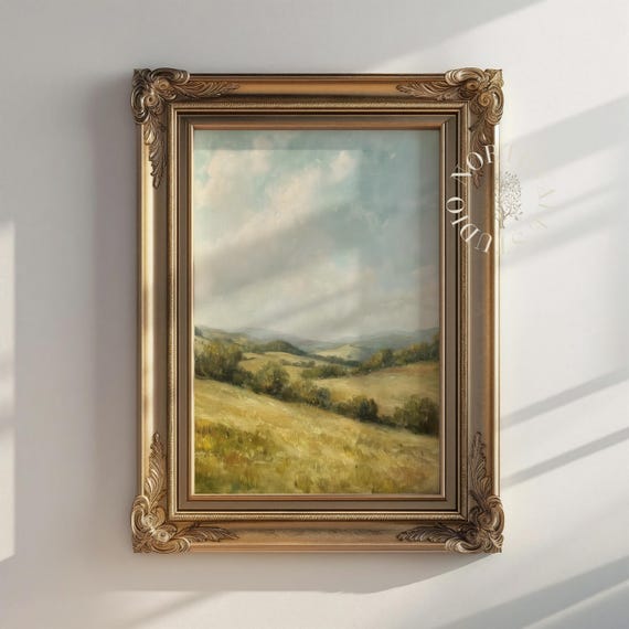 Pastel Rolling Hills Landscape Print Serene Farmhouse Wall Art Vintage