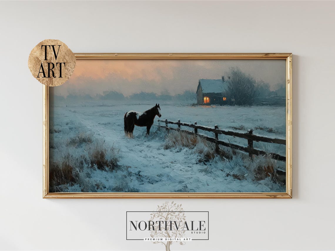 Rustic Winter Horse Snowy Field Cottage Fence Landscape Poster