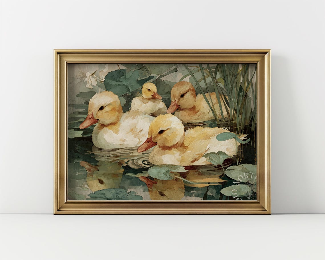 Ducklings Swimming Lily Pond Vintage Nursery Wall Art Cute Kids Decor