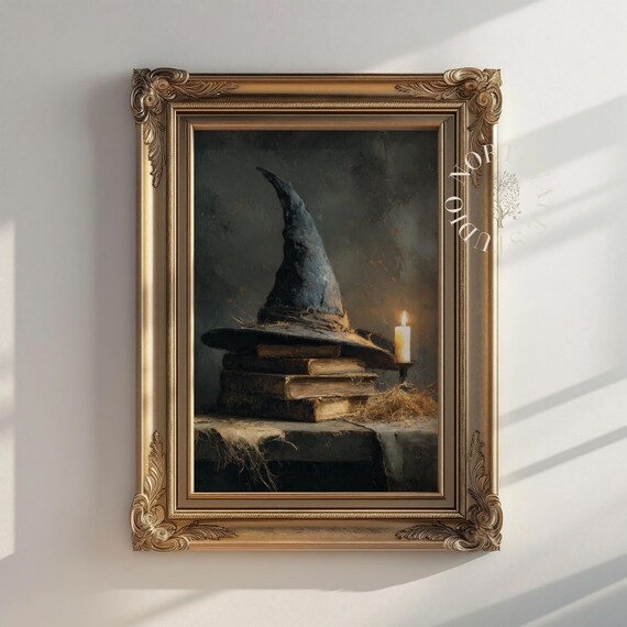 Dark Moody Witch Hat Still Life Vintage Style Oil Painting Rustic Broad Brushstroke Art Halloween Decor Candlelight 118