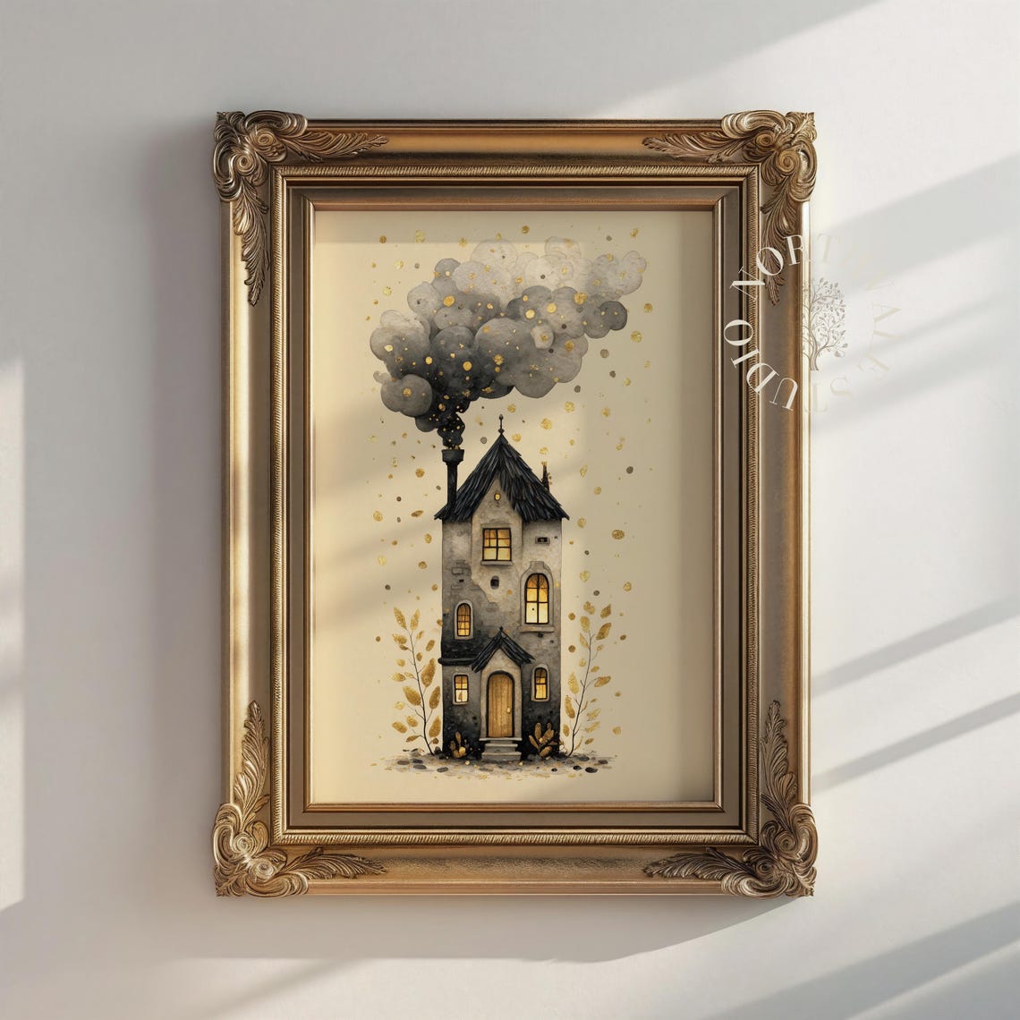 Whimsical Cottage House Smoky Chimney Golden Autumn Whimsy Print