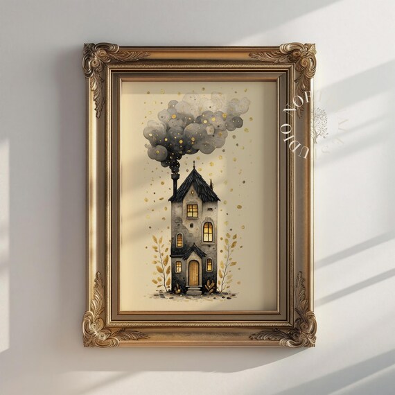 Whimsical Cottage Print Smoky Chimney Rustic Autumn Decor