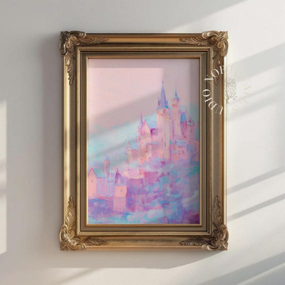 Enchanted Castle In Soft Pastels Fairytale Fantasy Wall Art Dreamy Painting Whimsical Decor For Kids Room Or Nursery 60