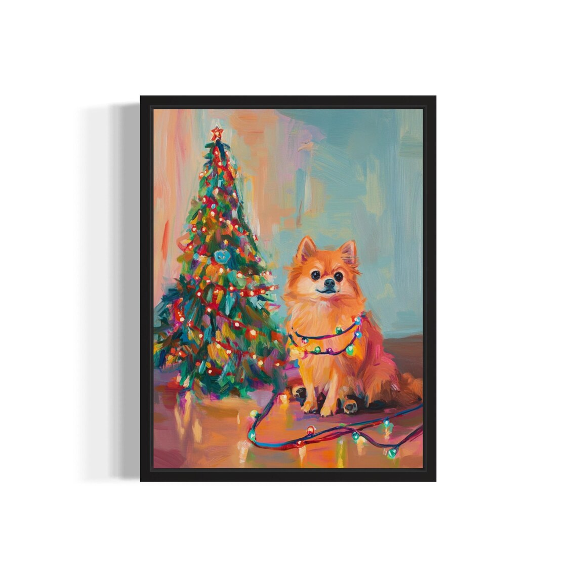 Pomeranian Dog Tangled in Christmas Lights Art Print