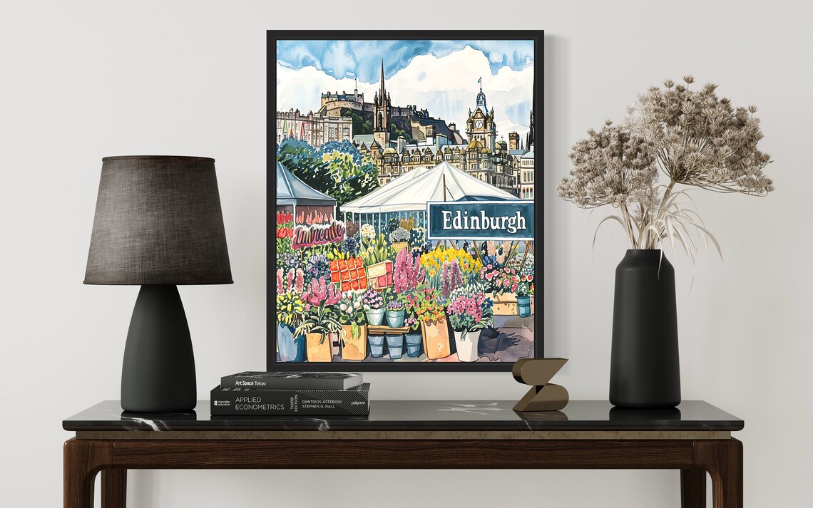 Edinburgh Scotland Castle Watercolor Flower Market Scene Poster - Image 2