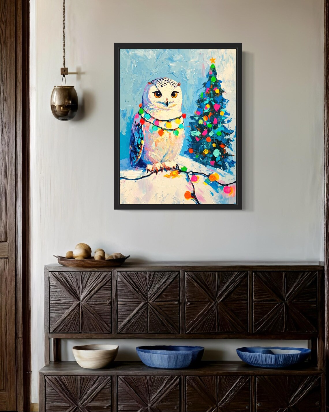 Snowy Owl in Winter Snow with Bright Christmas Lights Holiday Poster - Image 3