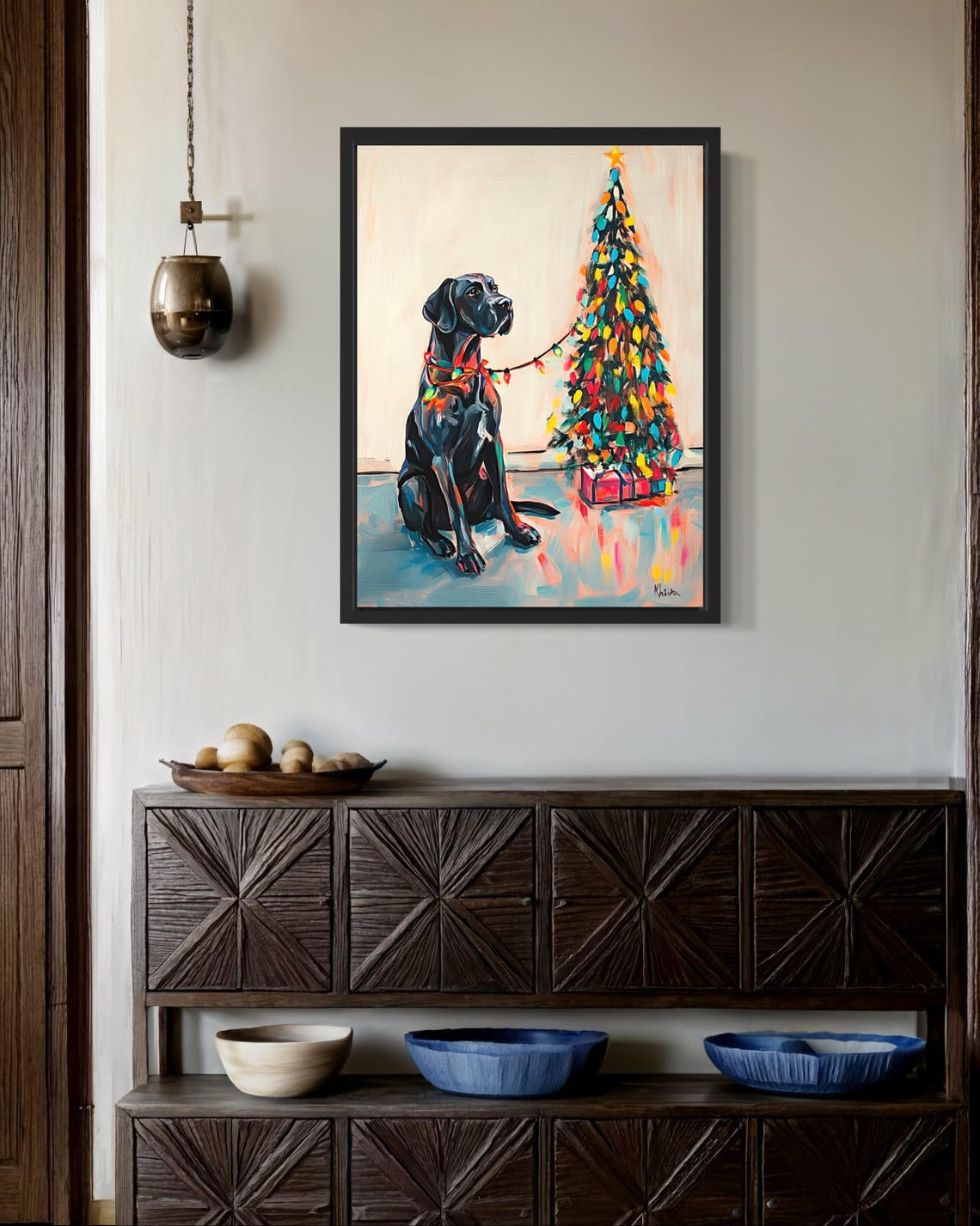 Black Great Dane Dog with Christmas Lights by Holiday Tree Poster - Image 2