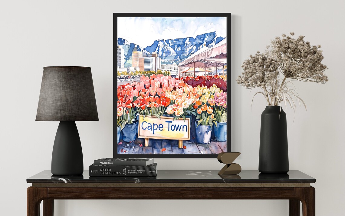 Cape Town Flower Market Watercolor Poster Table Mountain Tulips - Image 2