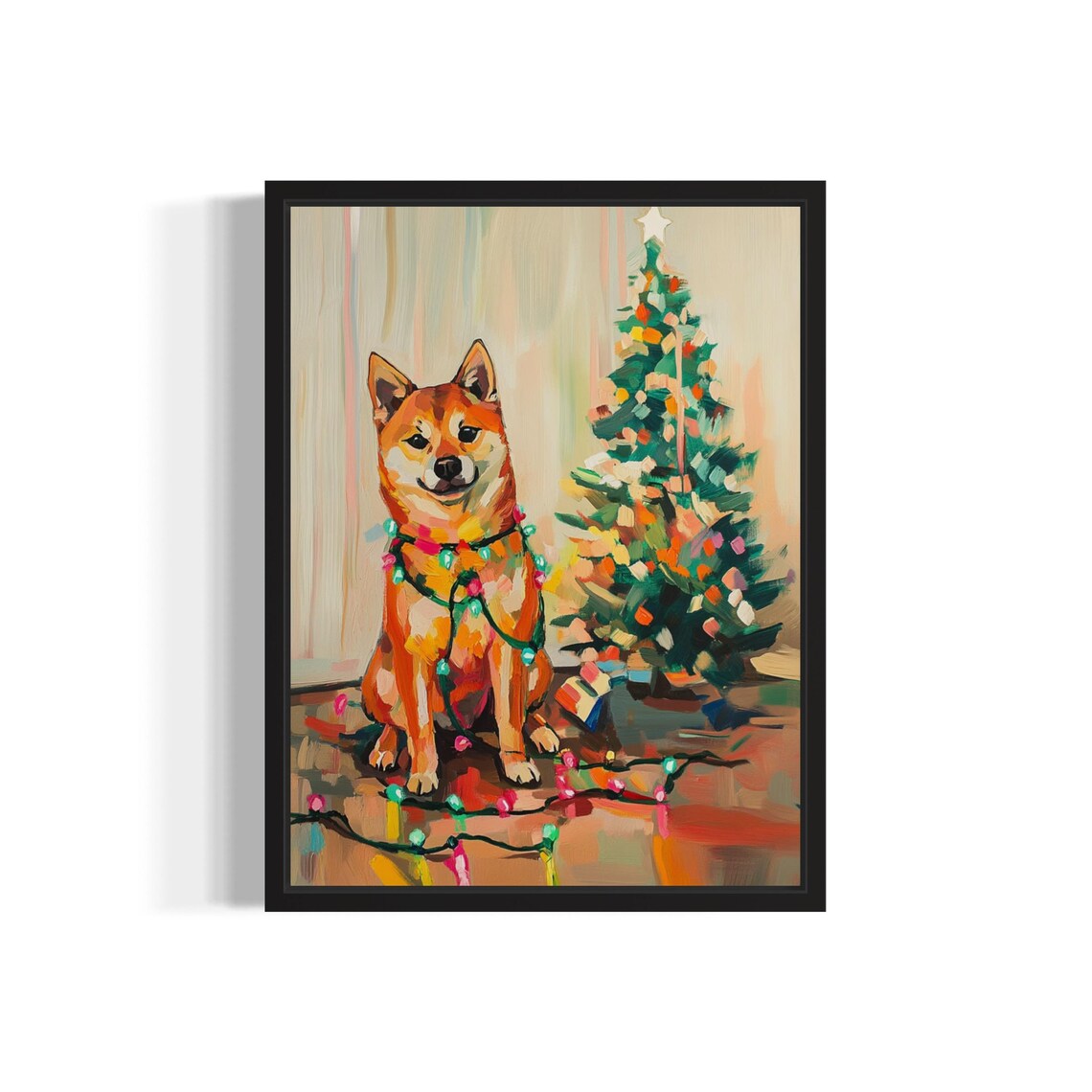 Shiba Inu Dog Wrapped in Colorful Christmas Lights Holiday Poster