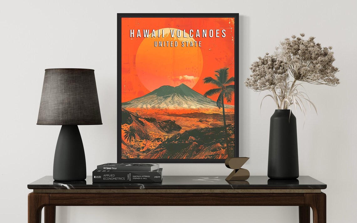 Hawaii Volcanoes Vintage Travel Poster Orange Sunset Palm Art - Image 2