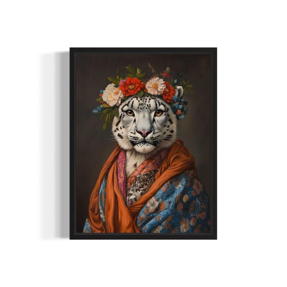 Snow Leopard Poster Art Print Animal Flowers In Kimono Wall Art Decor Painting Artwork Bedroom Decor
