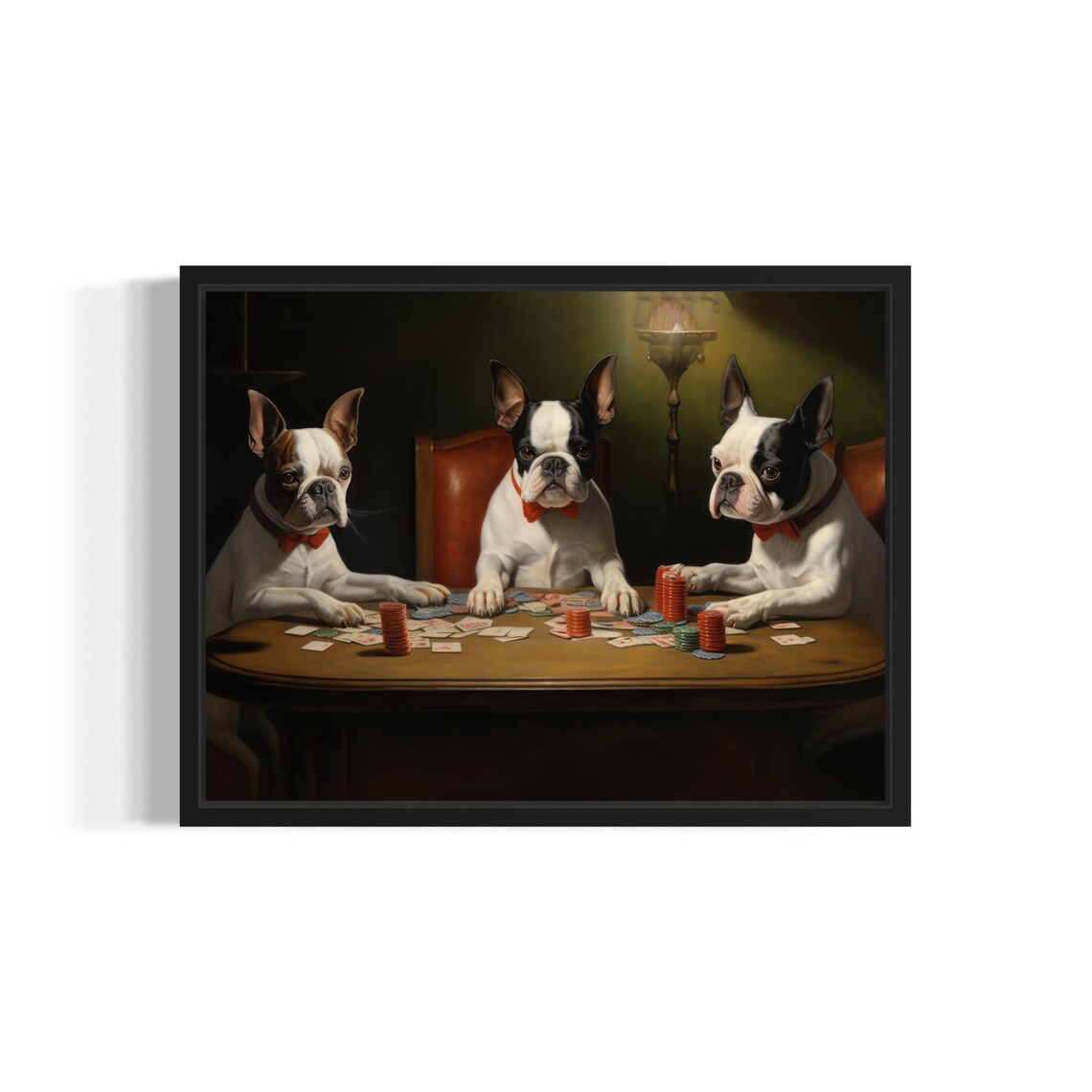 Three Boston Terrier Dogs Playing Poker Card Game Painting Poster