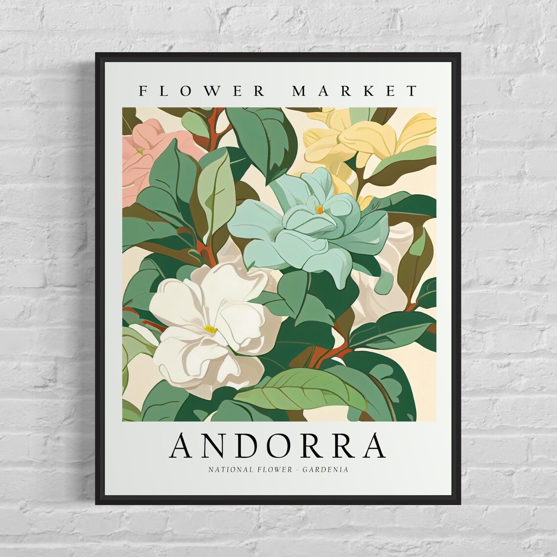 Flower Market Andorra White Gardenia Dark Green Botanical Art Poster