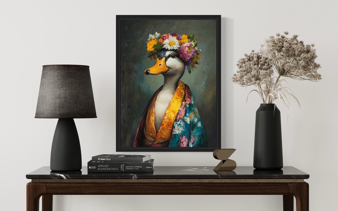 Duck Flower Crown Kimono Portrait Japanese Style Cute Bird Poster - Image 2