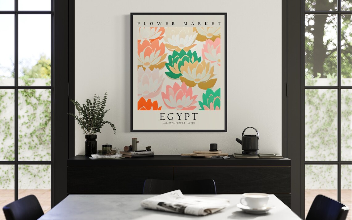 Egypt National Flower Market Coral Lotus Stylized Art Poster - Image 3