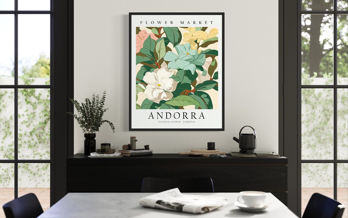 Flower Market Andorra White Gardenia Dark Green Botanical Art Poster - Image 3