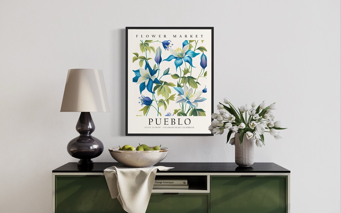 Pueblo Flower Market Colorado Blue Columbine Botanical Art Poster - Image 2