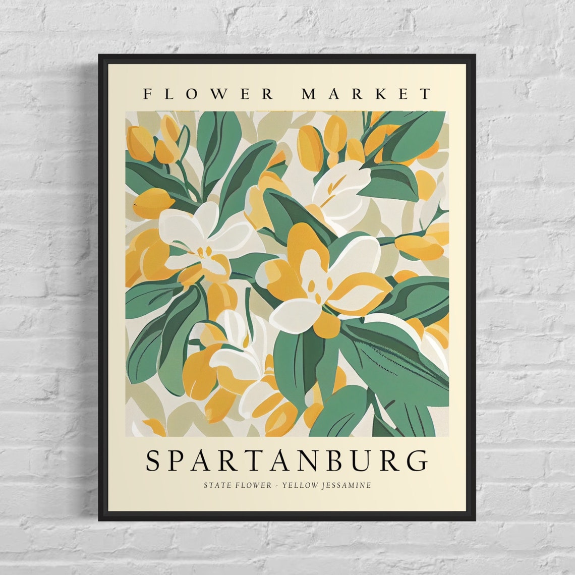 Spartanburg South Carolina Flower Market Art Print Spartanburg City Poster Yellow Jessamine Wall Art Botanical Pastel Artwork