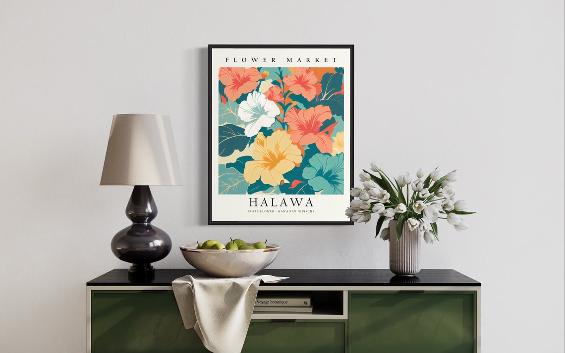 Halawa Hawaii Hawaiian Hibiscus Flower Market Botanical Art Poster - Image 3
