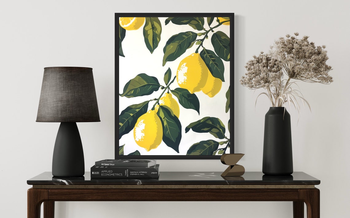 Lemon Branch Pattern Yellow Green Mediterranean Kitchen Poster - Image 2