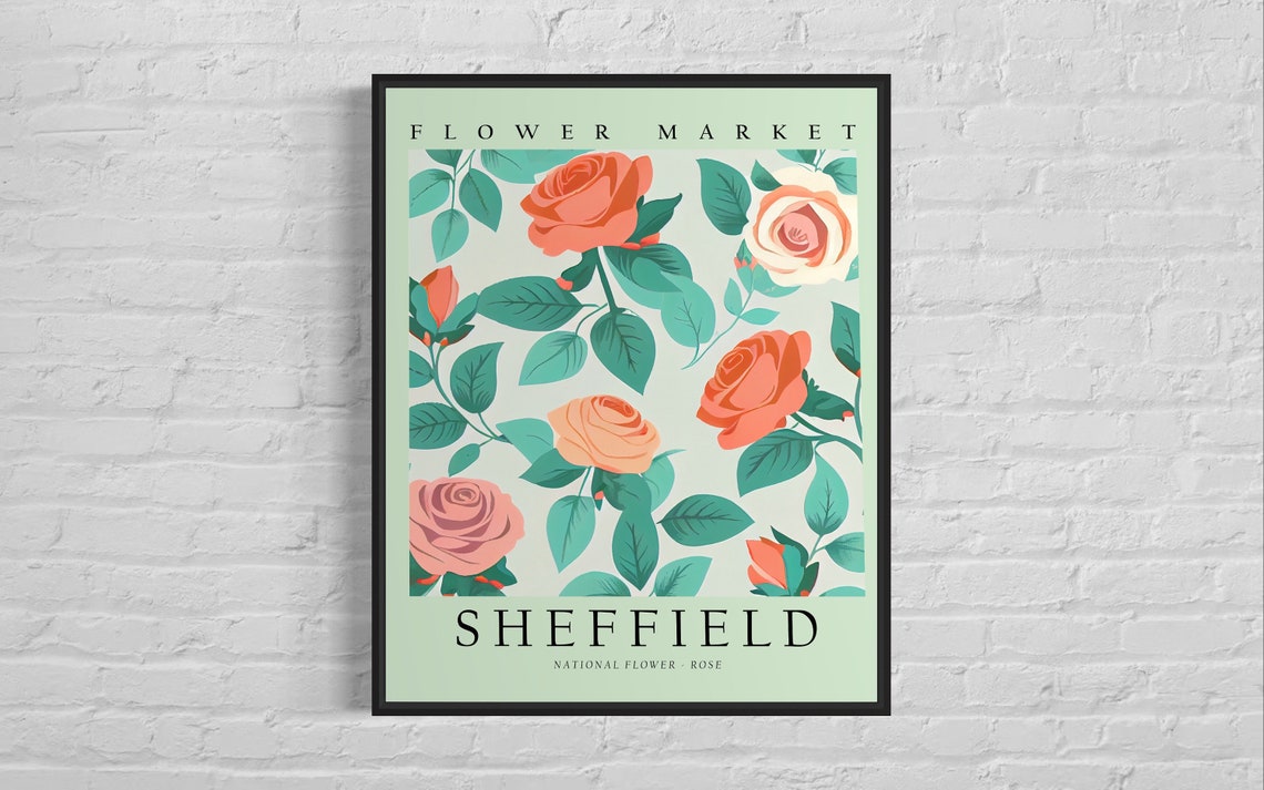 Sheffield Flower Market Coral Rose Botanical Pattern Art Poster