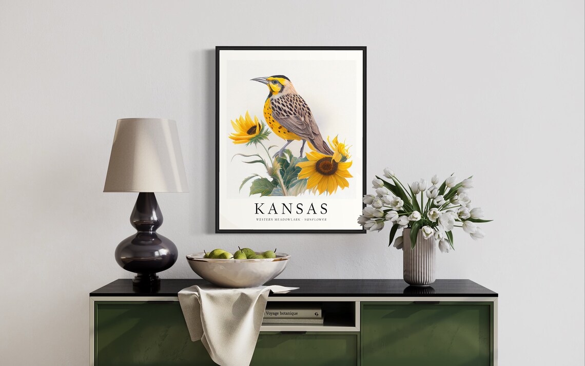Kansas State Bird Art Print, State Flower Wall Art - Image 2