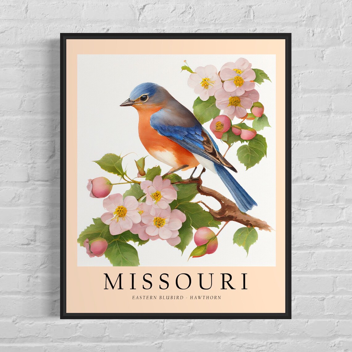 Missouri Bluebird Hawthorn Blossom Bird Watercolor Print Artwork