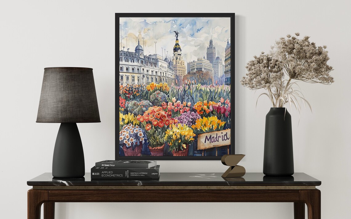 Madrid Spain Grand Plaza Watercolor Flower Market Scene Poster - Image 2