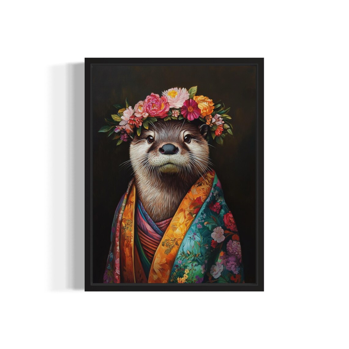 Otter Portrait With Pink Flower Crown In Teal Floral Kimono Art Print