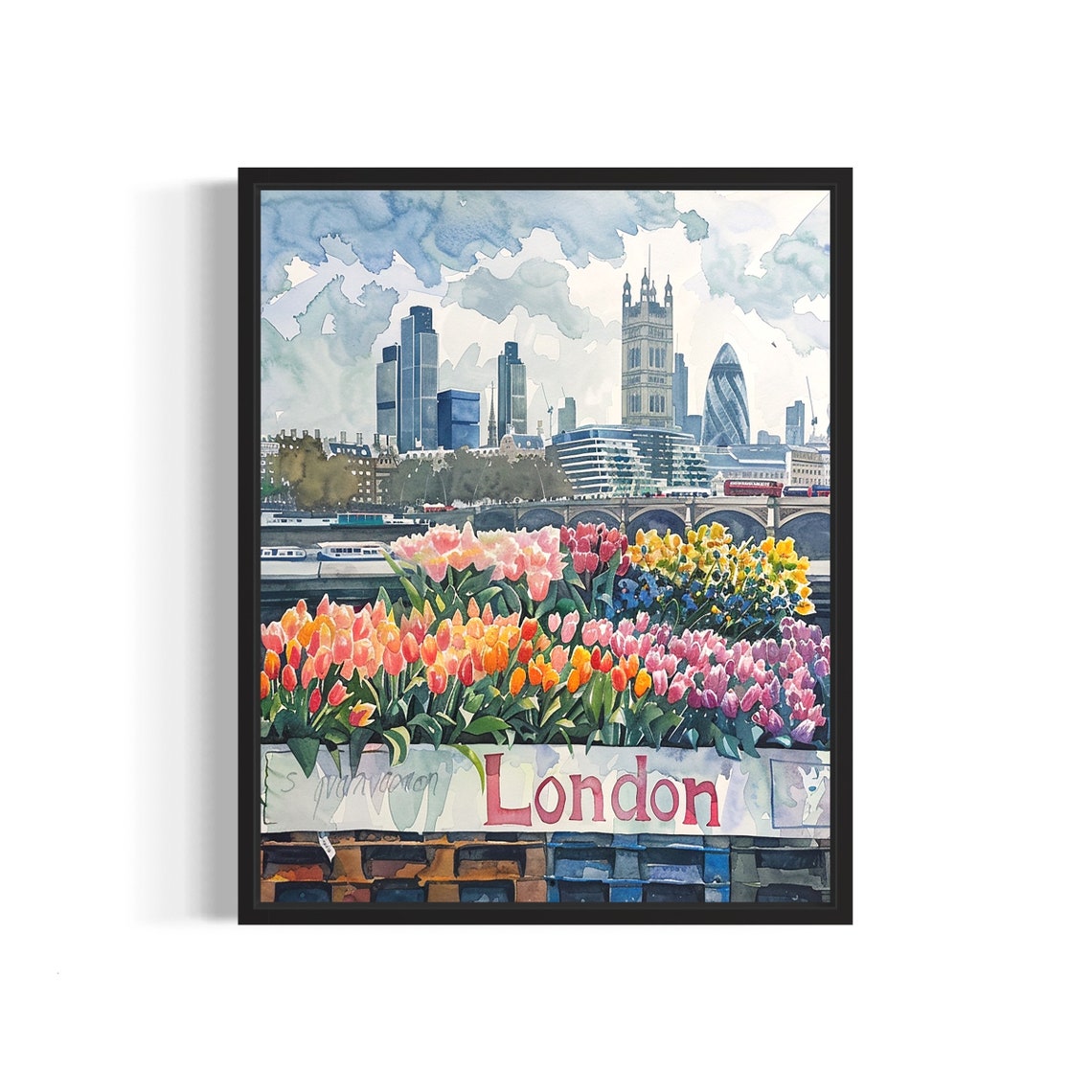 London England Thames Skyline Watercolor Flower Market Poster