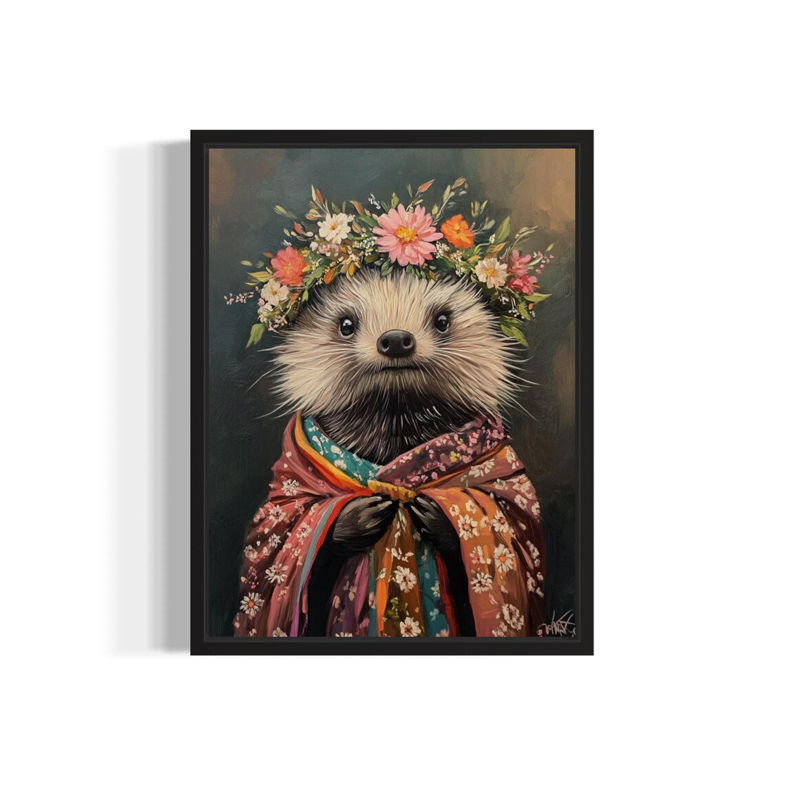 Hedgehog Portrait With Daisy Flower Crown In Floral Kimono Art Print
