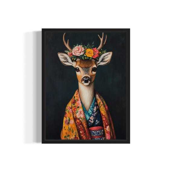 Deer Poster Art Print Animal Flowers In Kimono Wall Art Decor Painting Artwork