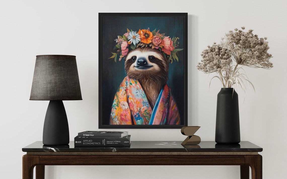 Sloth Poster Art Print, Animal Flowers in Kimono - Image 2