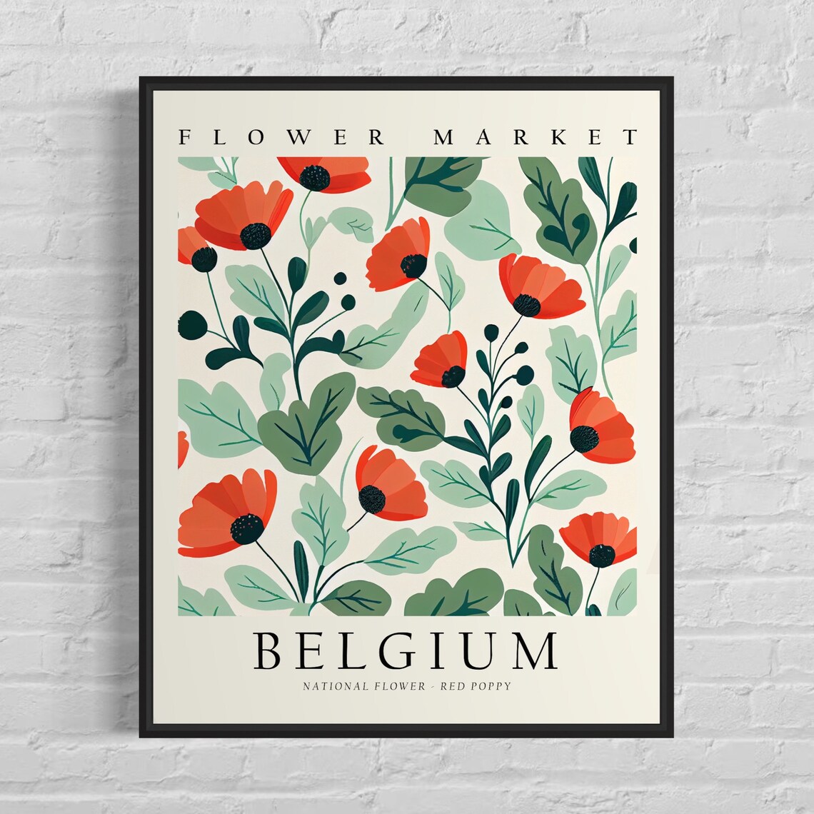 Belgium Flower Market Red Poppy Bloom Bold Modern Botanical Poster