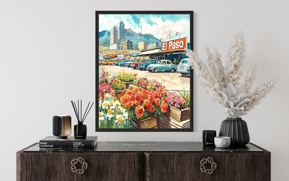 El Paso Texas Desert Mountains Watercolor Flower Market Poster - Image 2