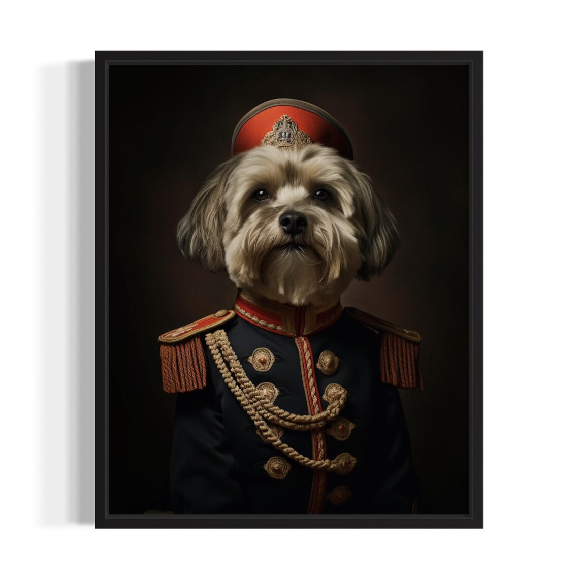 Havanese Dog in Red Cap Military Uniform Portrait Art Poster
